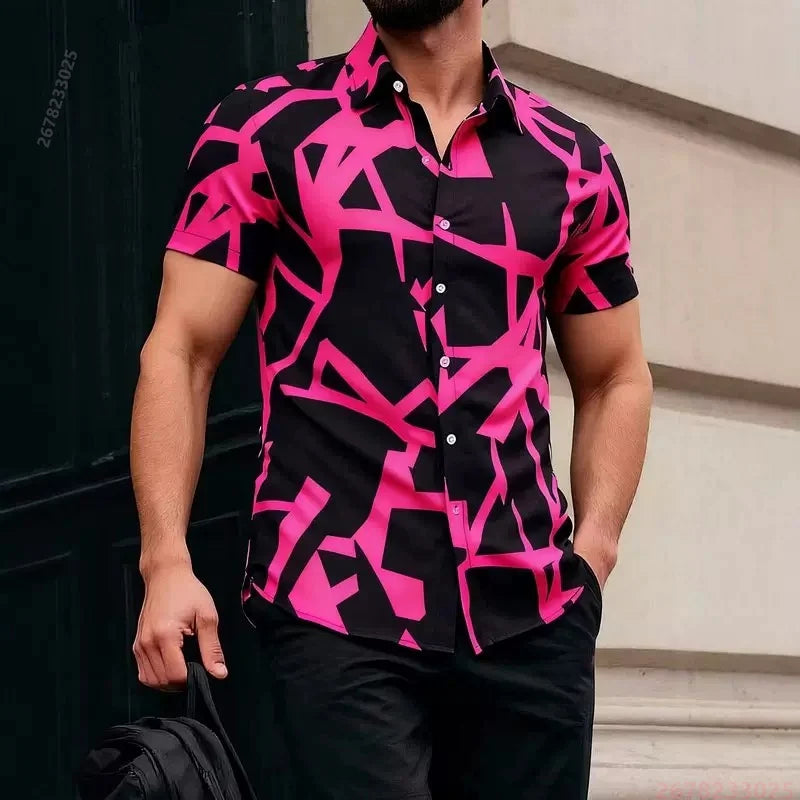2026 New Men's Short-Sleeve Shirt, Stylish Color-Blocked Irregular Pattern Print Shirt, Outdoor Casual Hawaiian Shirt, XS-6XL
