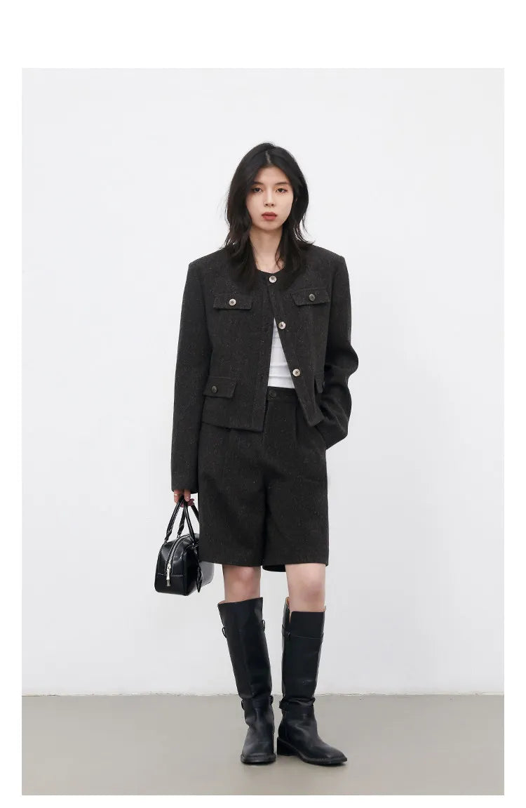 CHIC VEN Fashion Women Woolen Short Coat New Slim Ladies Jacket Female High Waist Middle Pants Sets Spring Autumn 2026