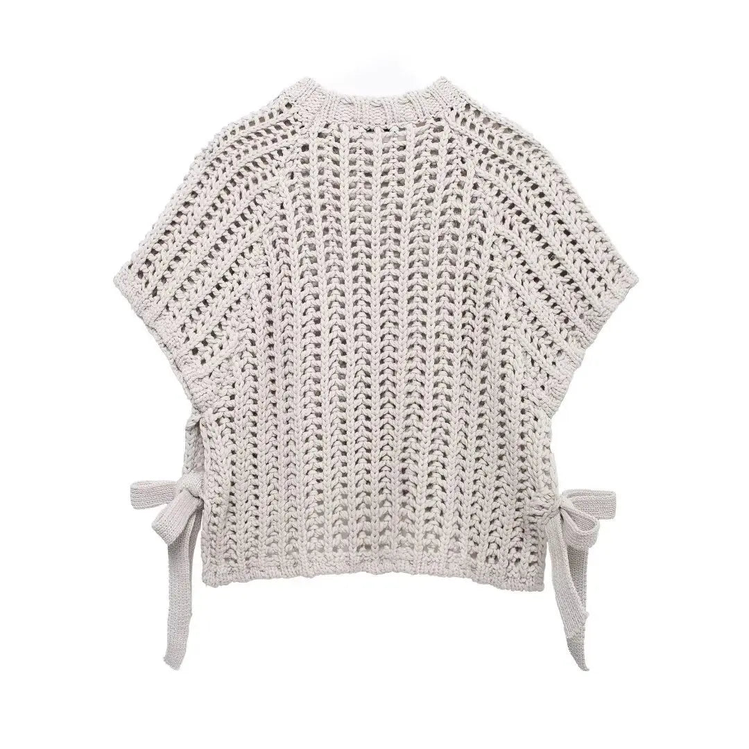 Hollow Out Knit Pullover Women Casual Round Neck Lace Up Bow Sweater Female Autumn Short Sleeves Solid Knitwears Lady