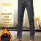 2025 New Winter Men Black Straight Stretch Denim Thick Velvet Pants Warm Jeans Casual Fleece Line Trousers Male Plus Size