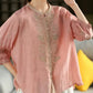100% Linen Women Casual Shirt New 2025 Summer Vintage Style Stand Collar Floral Embroidery Loose Female Tops Shirts M1593
