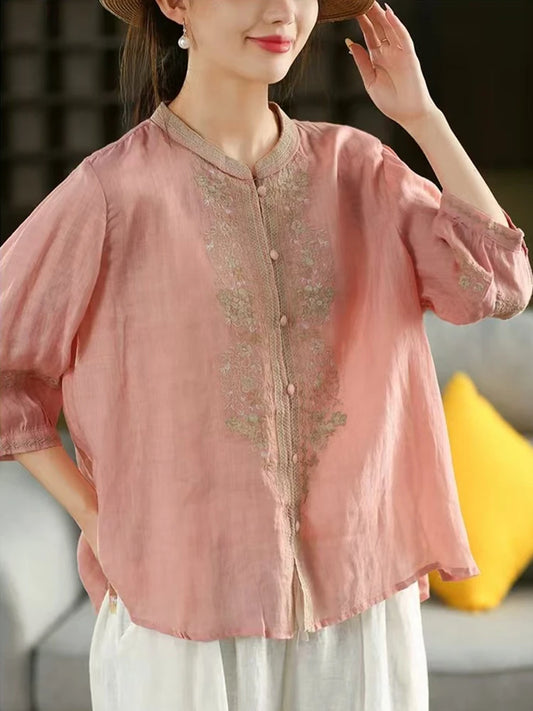 100% Linen Women Casual Shirt New 2025 Summer Vintage Style Stand Collar Floral Embroidery Loose Female Tops Shirts M1593