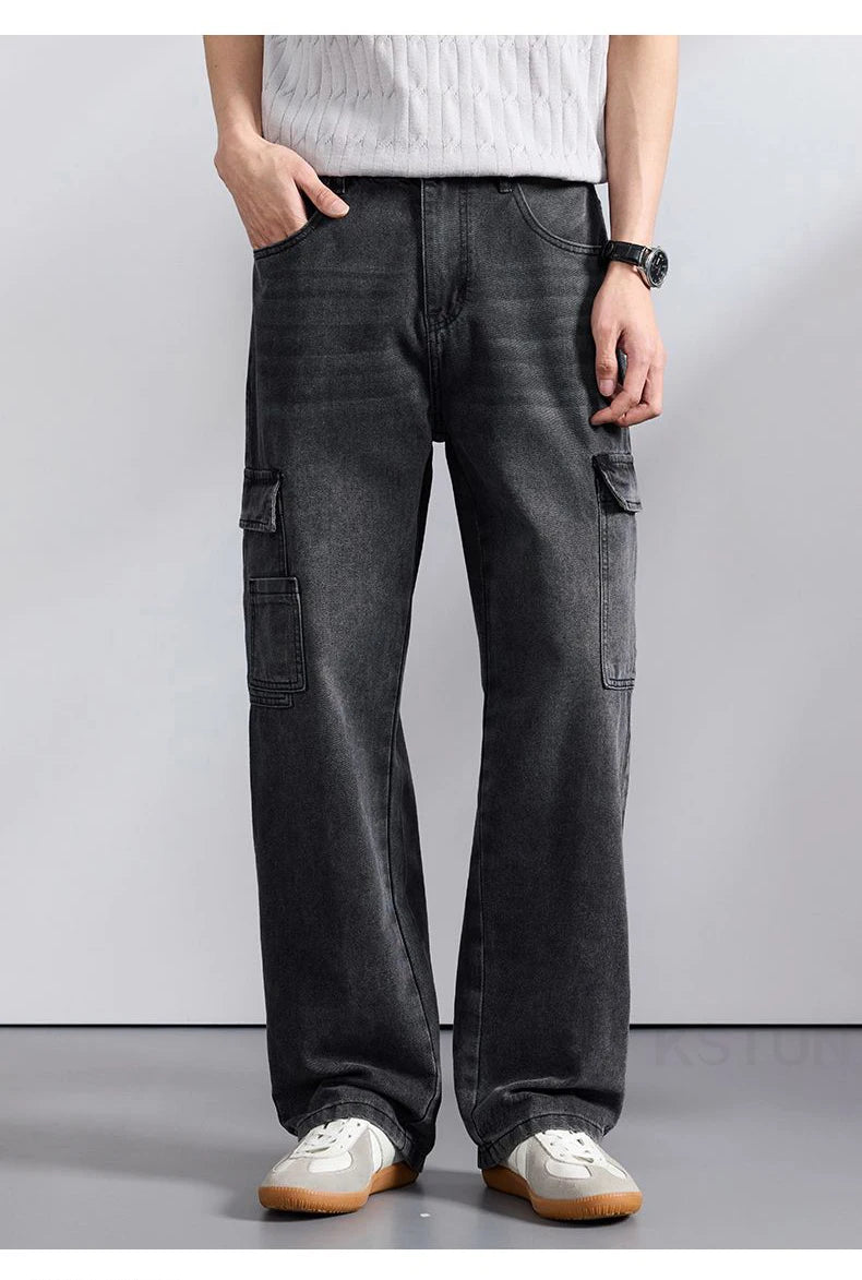 KSTUN 2026 Spring Men's Loose Straight Jeans Wide Leg Vintage Grey Cargo Pants Male Streetwear Trousers Multi-pockets Designer