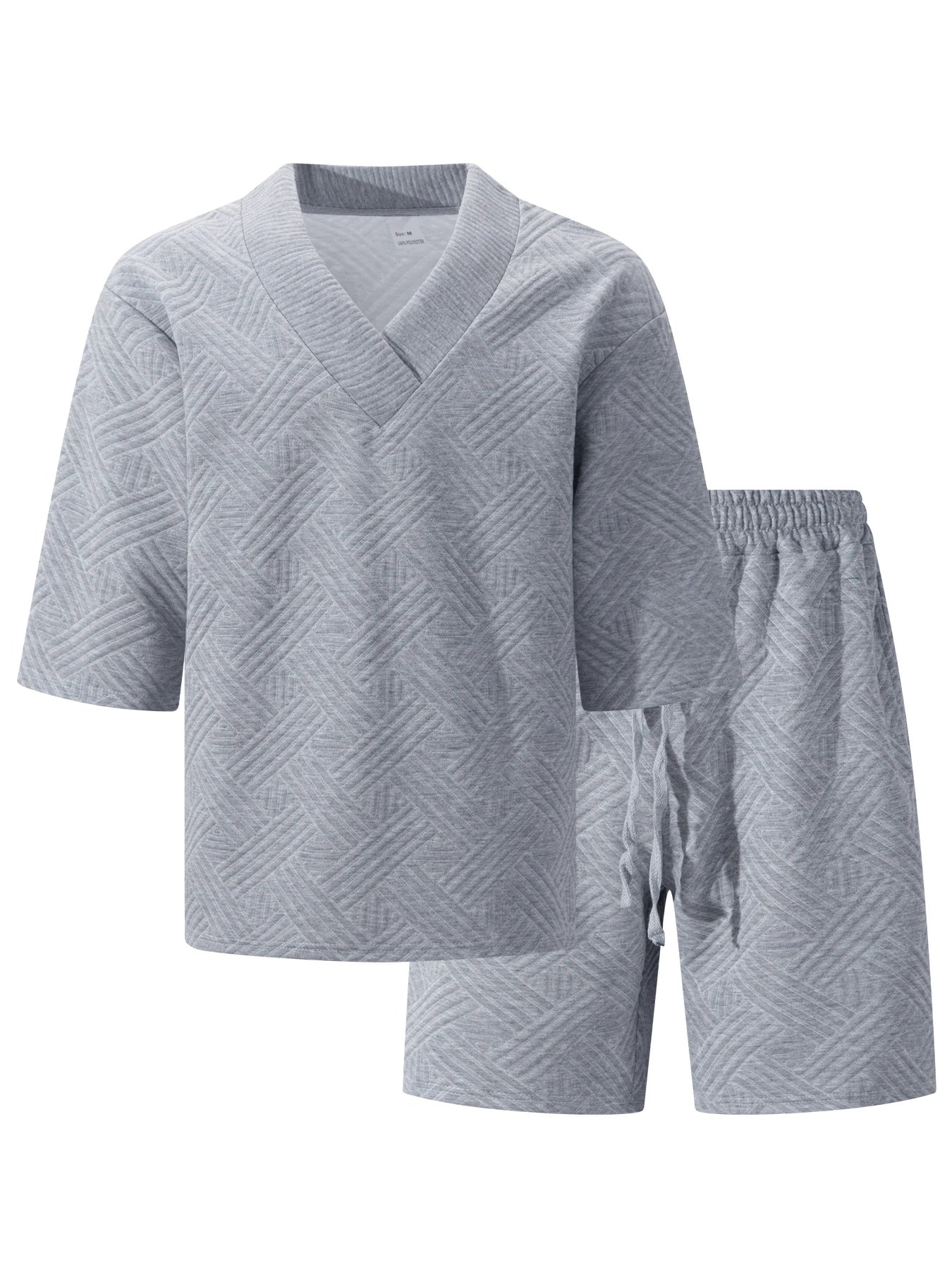 2026 Men's Summer Geometric Textured 2 Piece Set V-Neck Short Sleeve T-Shirt & Drawstring Shorts Shirt Set