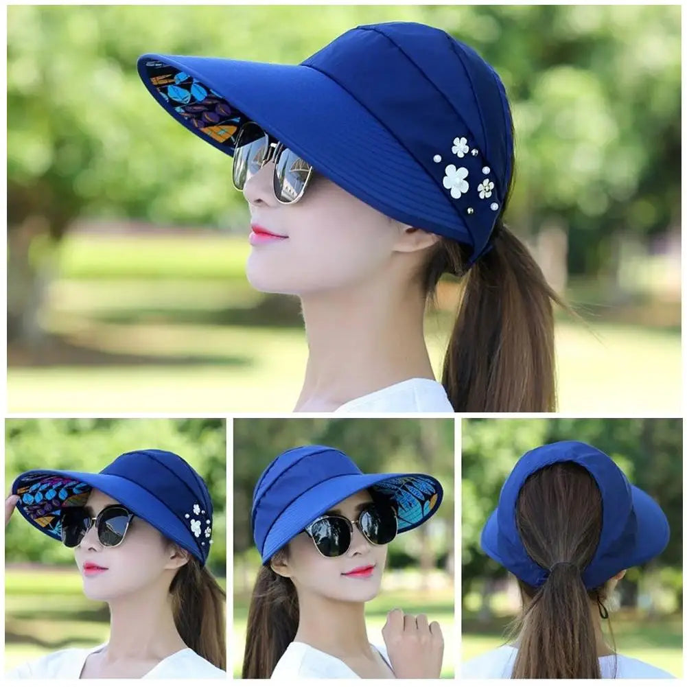 Fashion Womens Ladies Summer Vacation Wide Brim Foldable Sun Hat Anti-UV Beach Visor Caps Casual Hats