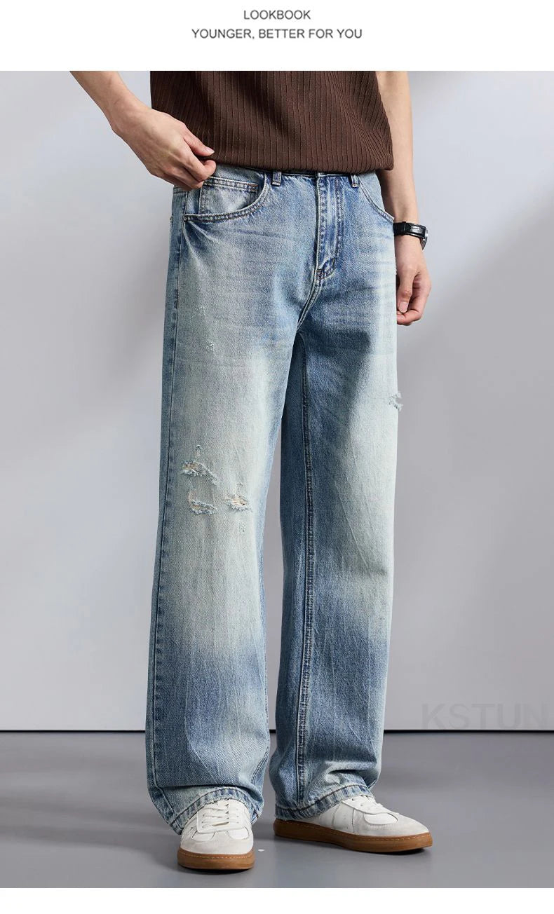 KSTUN 2026 Summer Wide Leg Jeans Men Baggy Pants Loose Fit Ripped Jeans Distressed Washed Vintage Frayed Light Blue Man Trousers