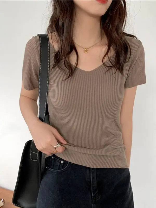AOSSVIAO 2026 V-neck Solid Thin Summer Pullover Women Sweater Female Knitted Ribbed Sweater Slim Short Sleeve Bodycon Sweater