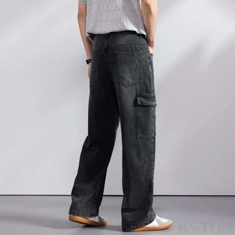 KSTUN 2026 Spring Men's Loose Straight Jeans Wide Leg Vintage Grey Cargo Pants Male Streetwear Trousers Multi-pockets Designer