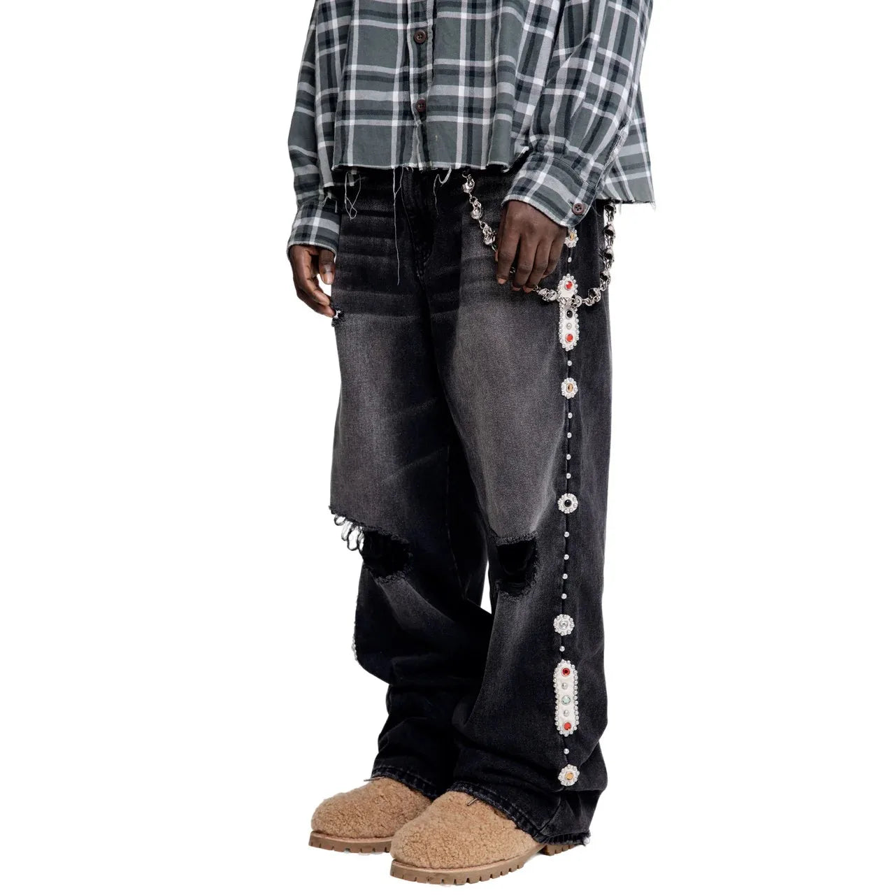 Gothic Diamond Punk Hip Hop Men's Slim Jeans Damaged Destroyed Hole Baggy Denim Long Trouser Pants Y2k Streetwear Ripped Jeans