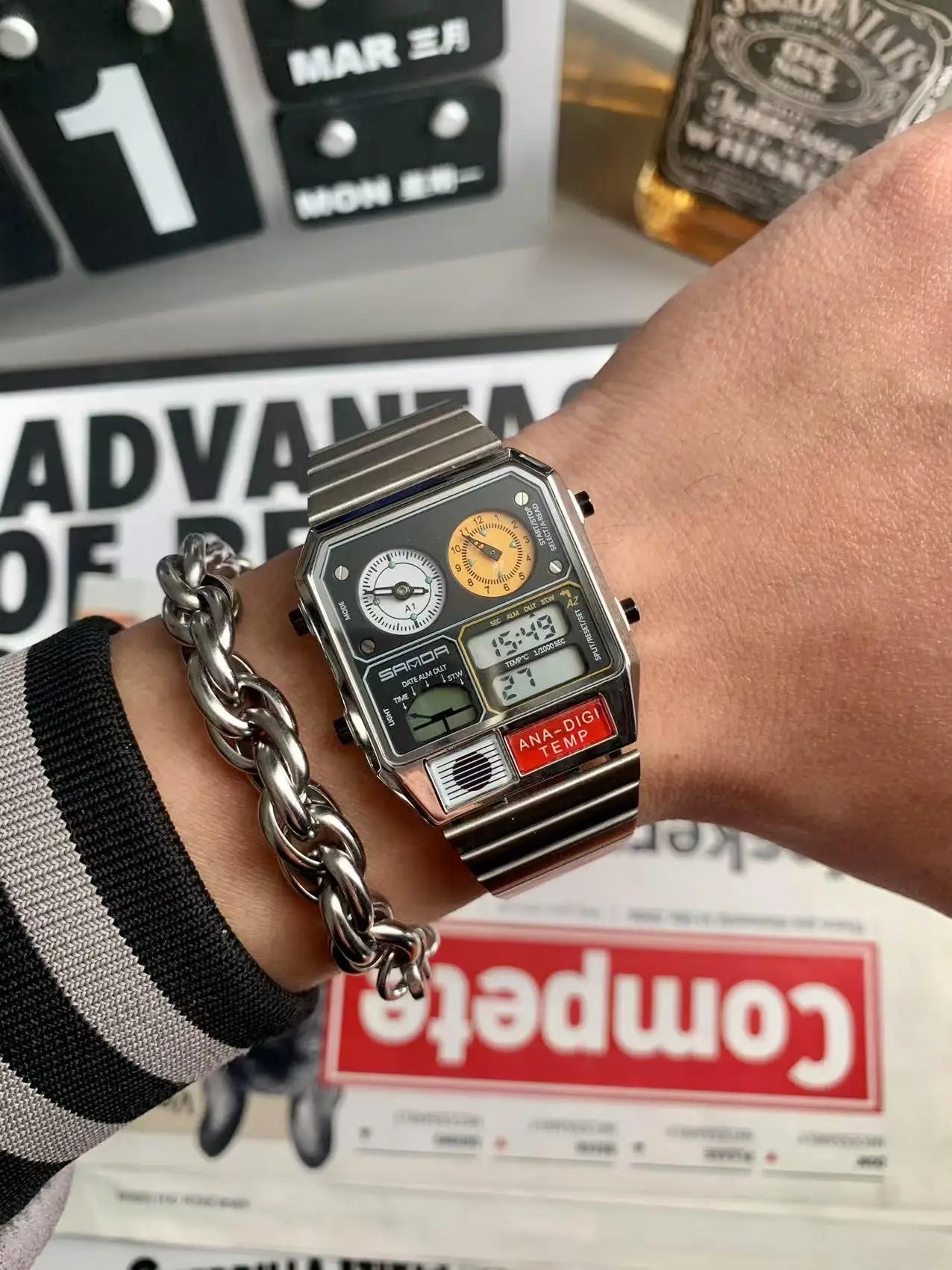Retro Square Watches Men's Multifunctional Outdoor Sports Ultra-thin Steel Waterproof Alarm Clock Dual Display Electronic Watch