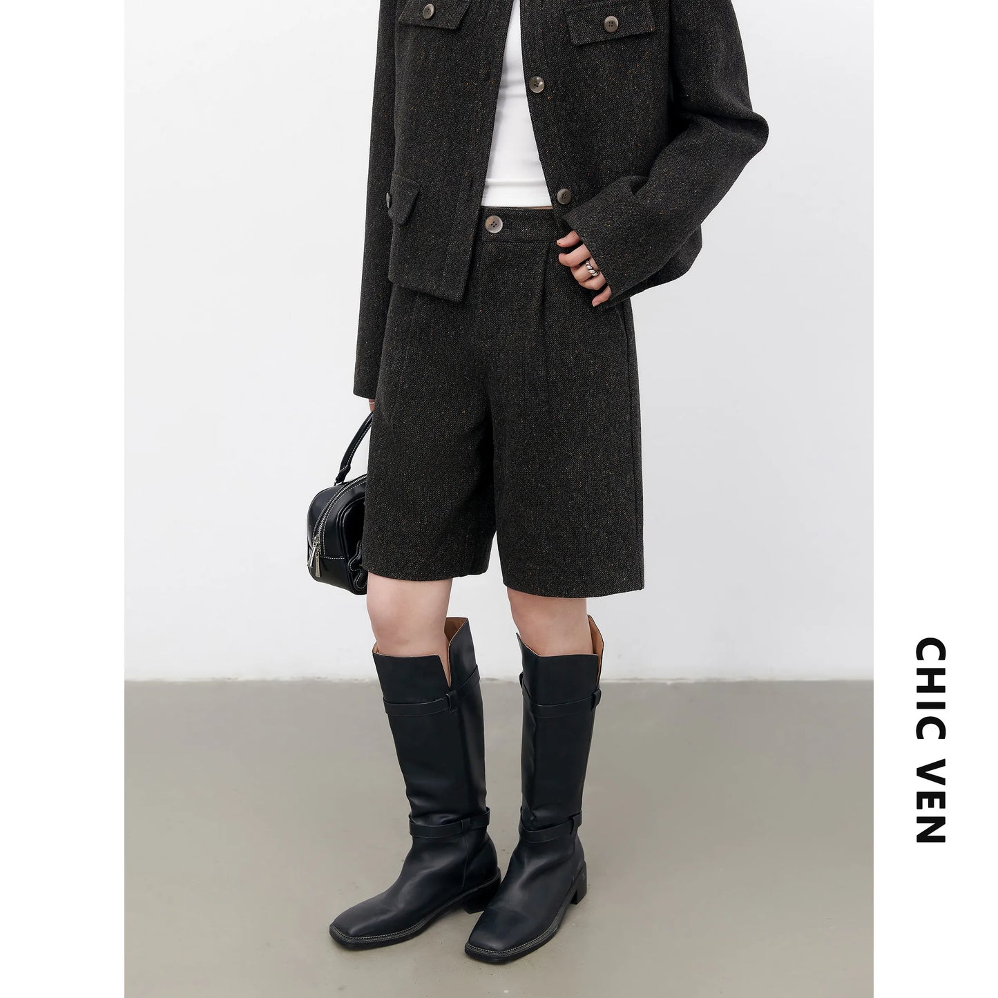 CHIC VEN Fashion Women Woolen Short Coat New Slim Ladies Jacket Female High Waist Middle Pants Sets Spring Autumn 2026