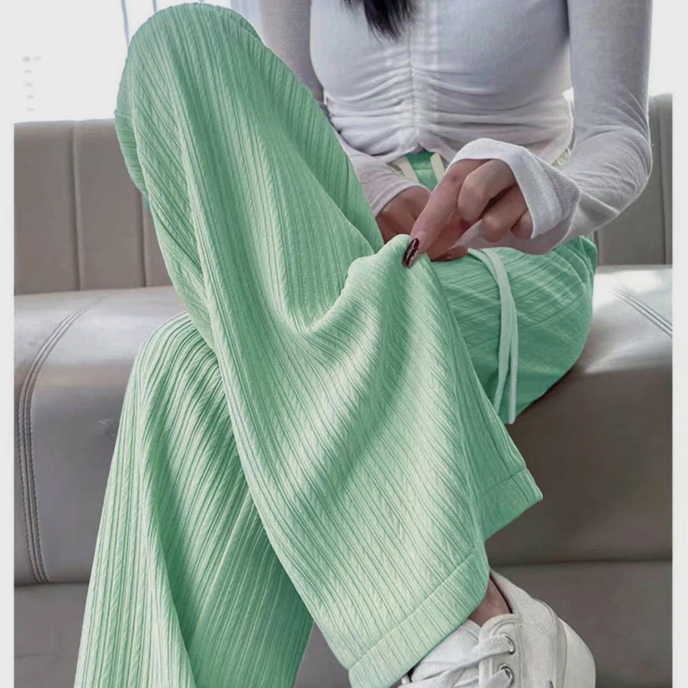 Autumn New Elastic Waist Drawstring Casual Straight Sporty Casual Wide Leg Pants Solid All-Match Basic Trousers Women Clothes