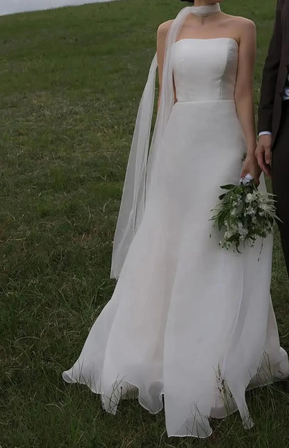 Newest Simple Bridal Dresses Sexy Strapless Backless Formal Evening Dress Elegant Floor-length A-line Wedding Dresses