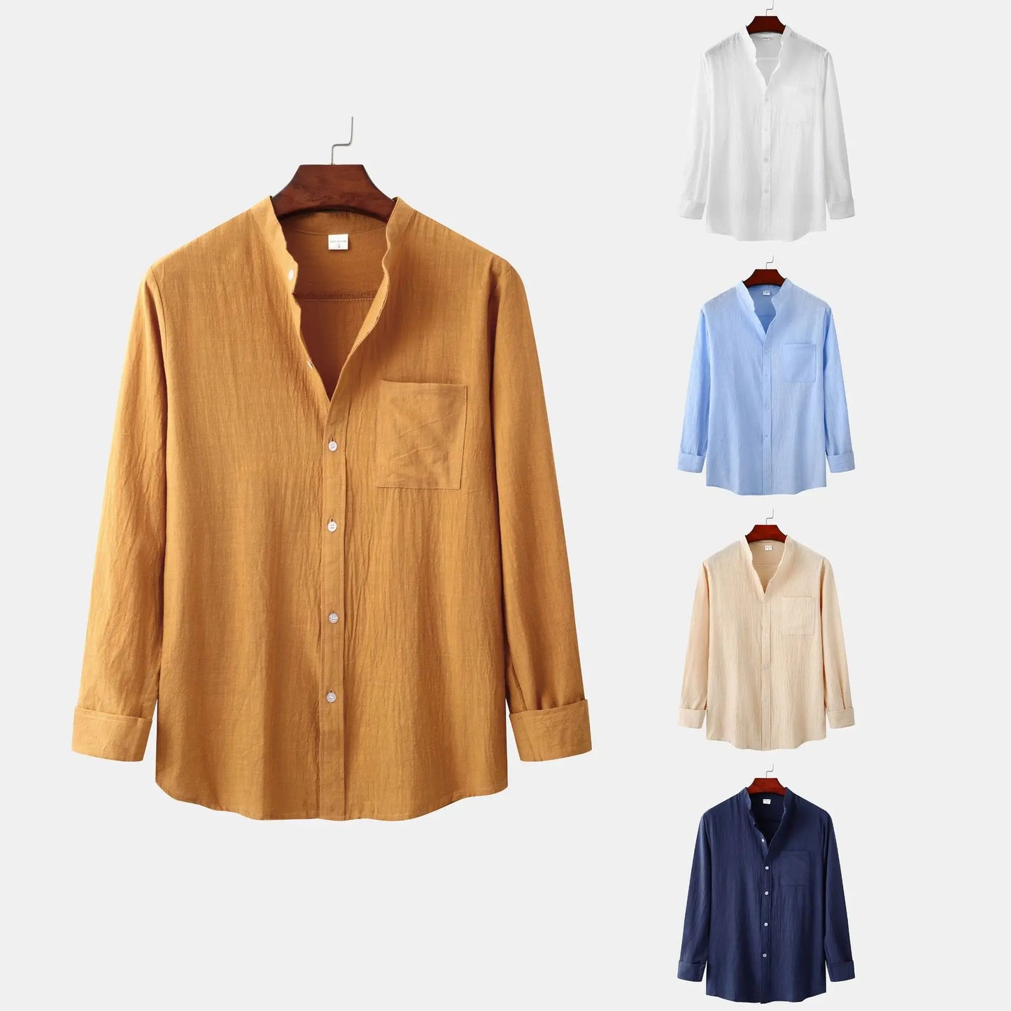 2026 Spring Summer New Mens Slim Fit Solid Color Long Sleeve Shirt Cotton Linen Casual Top Breathable ventilate absorb sweat