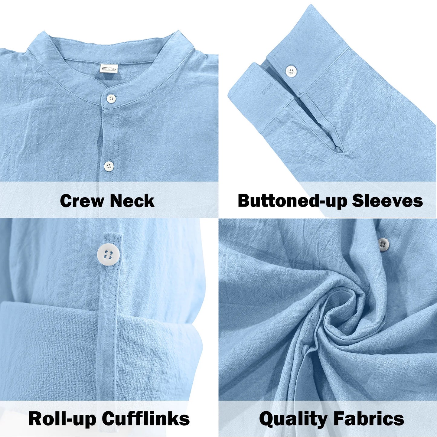 Men's Cotton Linen Long Sleeve Button Down Shirt European American Plus Size Henry Collar Casual Breathable Tops