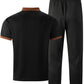 Men's Waffle Knit Stand Collar T Shirt and Pants Set Color Block Casual Streetwear Summer Tracksuit