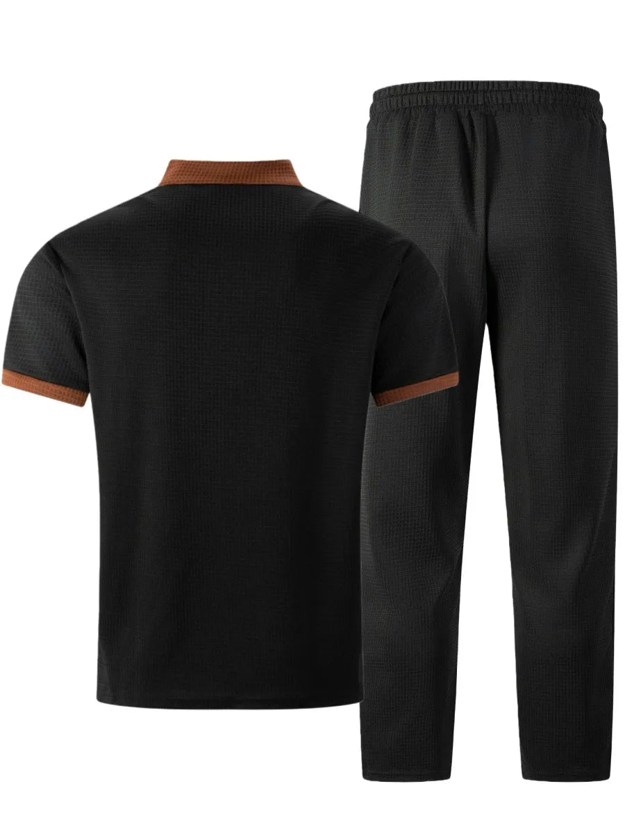 Men's Waffle Knit Stand Collar T Shirt and Pants Set Color Block Casual Streetwear Summer Tracksuit