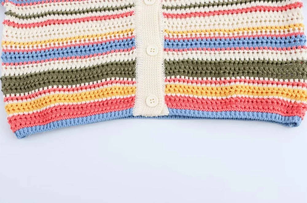 Women's Striped Crochet Knit Crop Sweater, Polo Collar, Short Sleeve, Button-up, Female Outerwear, Chic Tops, Fashion