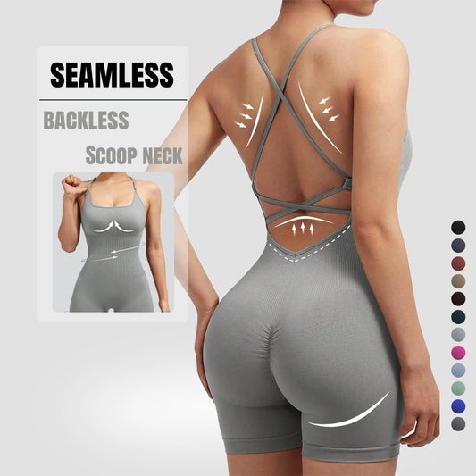 Sexy Fitness Jumpsuit Women Cross Adjustable Sports Playsuit Running One Piece Yoga Suit Scrunch Shorts Backless Set Romper
