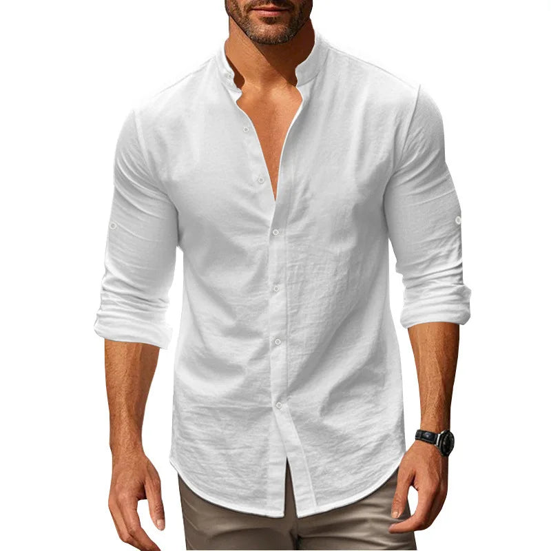 Men's Cotton Linen Long Sleeve Button Down Shirt European American Plus Size Henry Collar Casual Breathable Tops