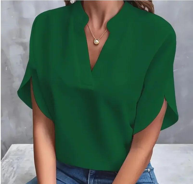 Summer Elegant Women's Blouse New V-neck Short Sleeve Solid Color Loose Shirt Casual White Tops Office Lady Blouses