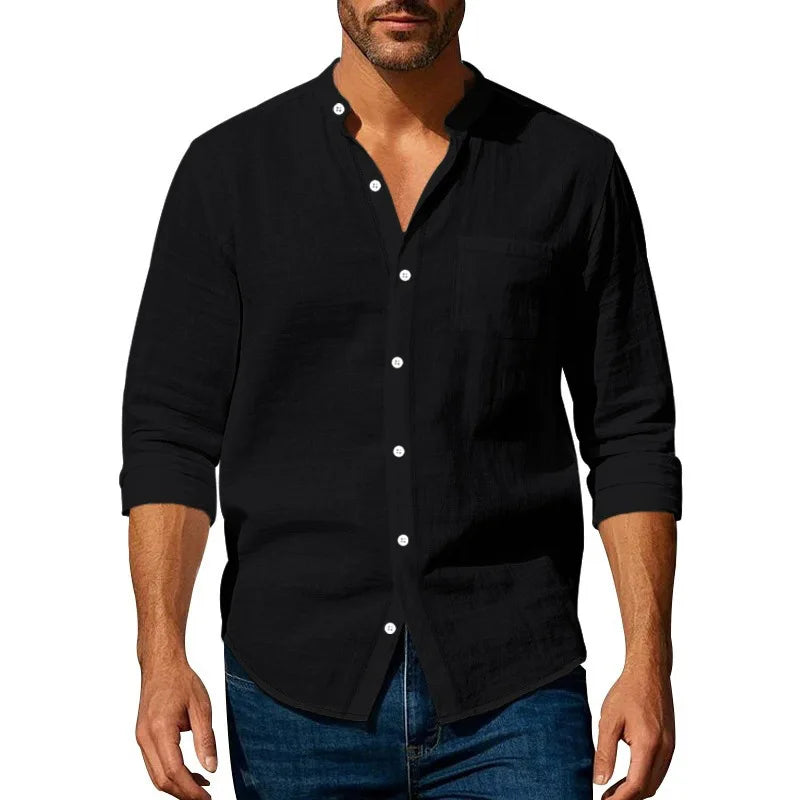2026 Spring Summer New Mens Slim Fit Solid Color Long Sleeve Shirt Cotton Linen Casual Top Breathable ventilate absorb sweat