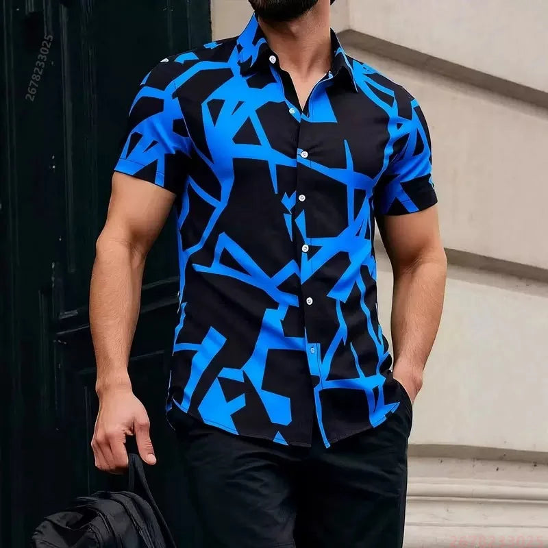 2026 New Men's Short-Sleeve Shirt, Stylish Color-Blocked Irregular Pattern Print Shirt, Outdoor Casual Hawaiian Shirt, XS-6XL