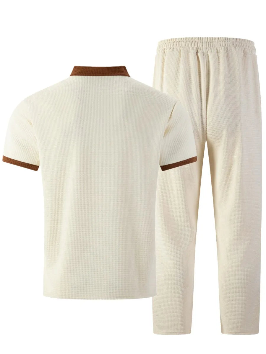 Men's Waffle Knit Stand Collar T Shirt and Pants Set Color Block Casual Streetwear Summer Tracksuit