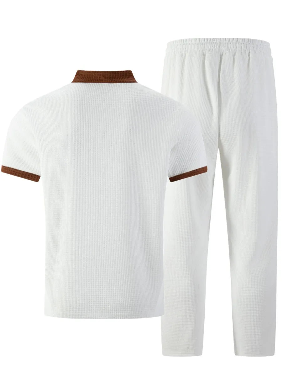 Men's Waffle Knit Stand Collar T Shirt and Pants Set Color Block Casual Streetwear Summer Tracksuit