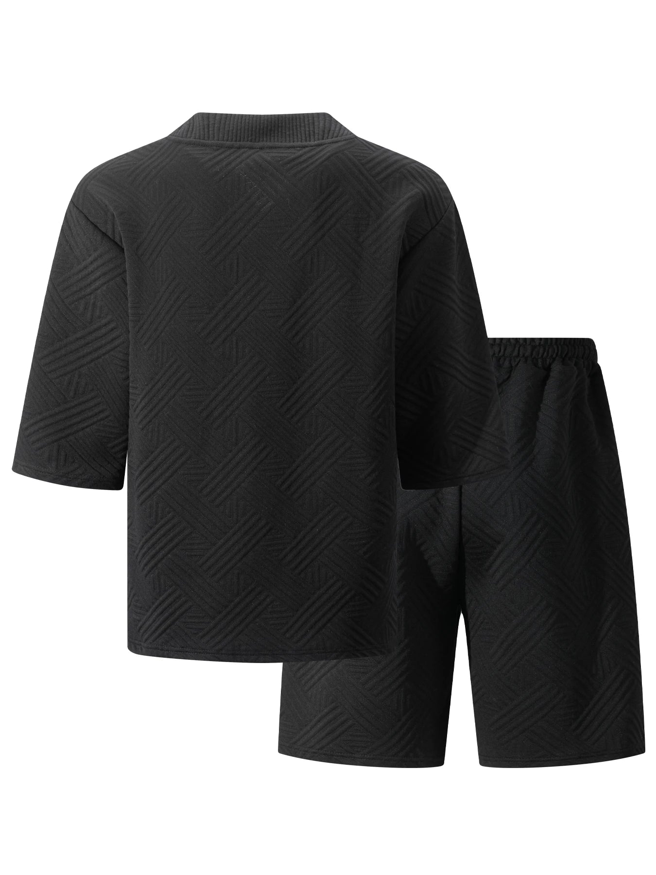 2026 Men's Summer Geometric Textured 2 Piece Set V-Neck Short Sleeve T-Shirt & Drawstring Shorts Shirt Set