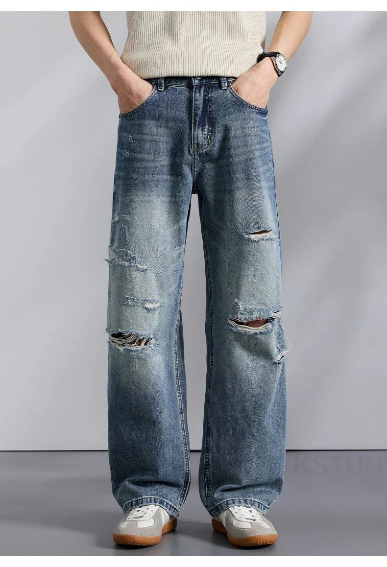 KSTUN 2026 Summer Distressed Jeans For Men Wide-leg Ripped Baggy Pants Loose Straight Vintage Streetwear Hip hop Motocycle Jeans
