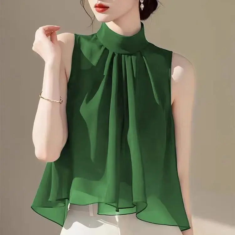 French Style Summer Vest Tops For Women Sleeveless Chiffon Blouse Stand Collar Gradient Color Casual Loose Shirt