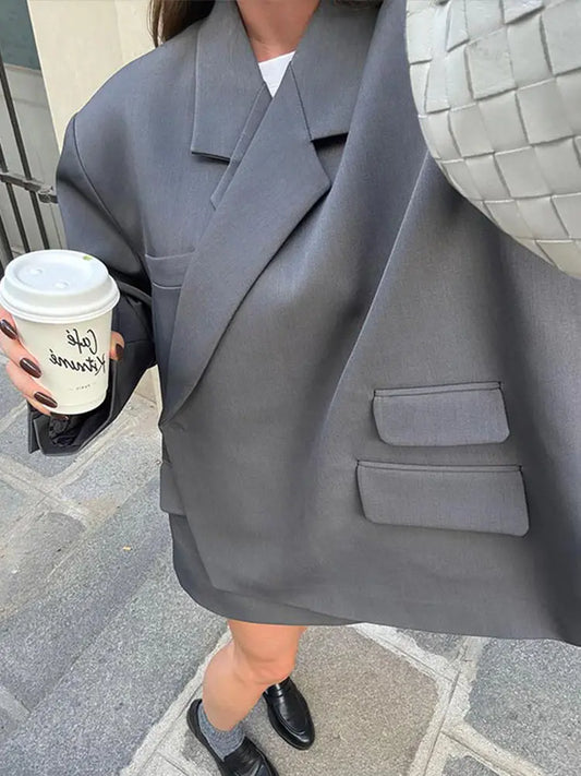 Bomber Jacket Women's Coat Oversized Blazer Lapel Diagonal Placket Asymmetrical Suit Flap Pockets Spring Woman Clothes Loose Top