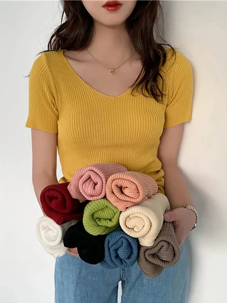 AOSSVIAO 2026 V-neck Solid Thin Summer Pullover Women Sweater Female Knitted Ribbed Sweater Slim Short Sleeve Bodycon Sweater