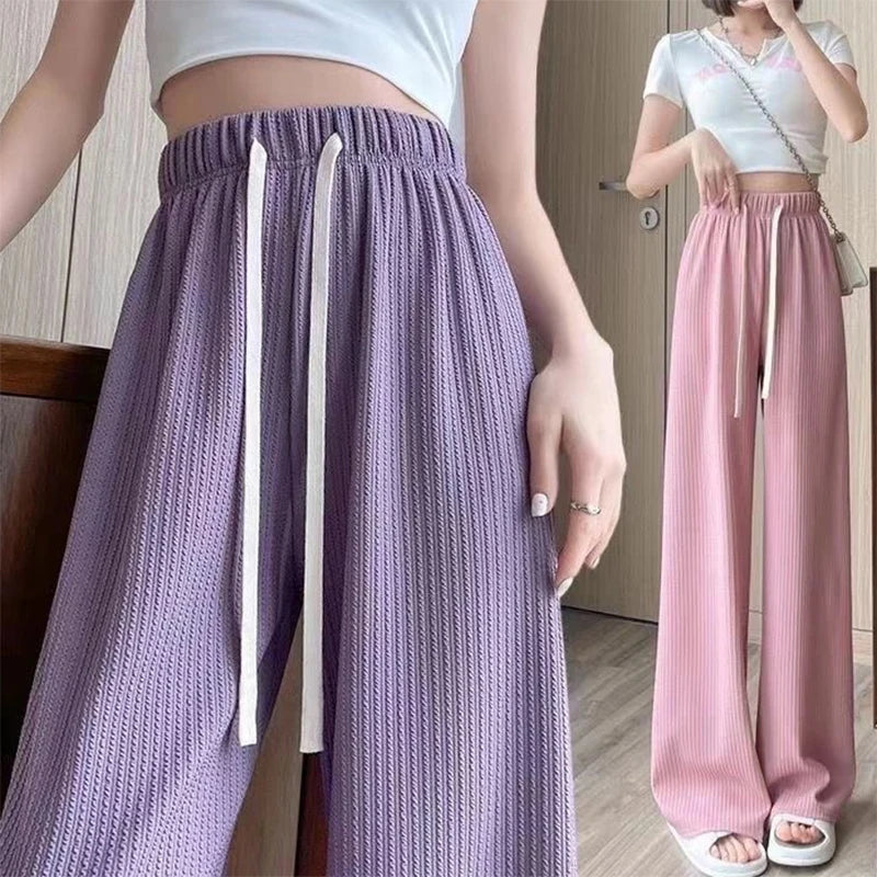 Autumn New Elastic Waist Drawstring Casual Straight Sporty Casual Wide Leg Pants Solid All-Match Basic Trousers Women Clothes