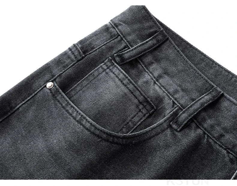 KSTUN 2026 Spring Men's Loose Straight Jeans Wide Leg Vintage Grey Cargo Pants Male Streetwear Trousers Multi-pockets Designer