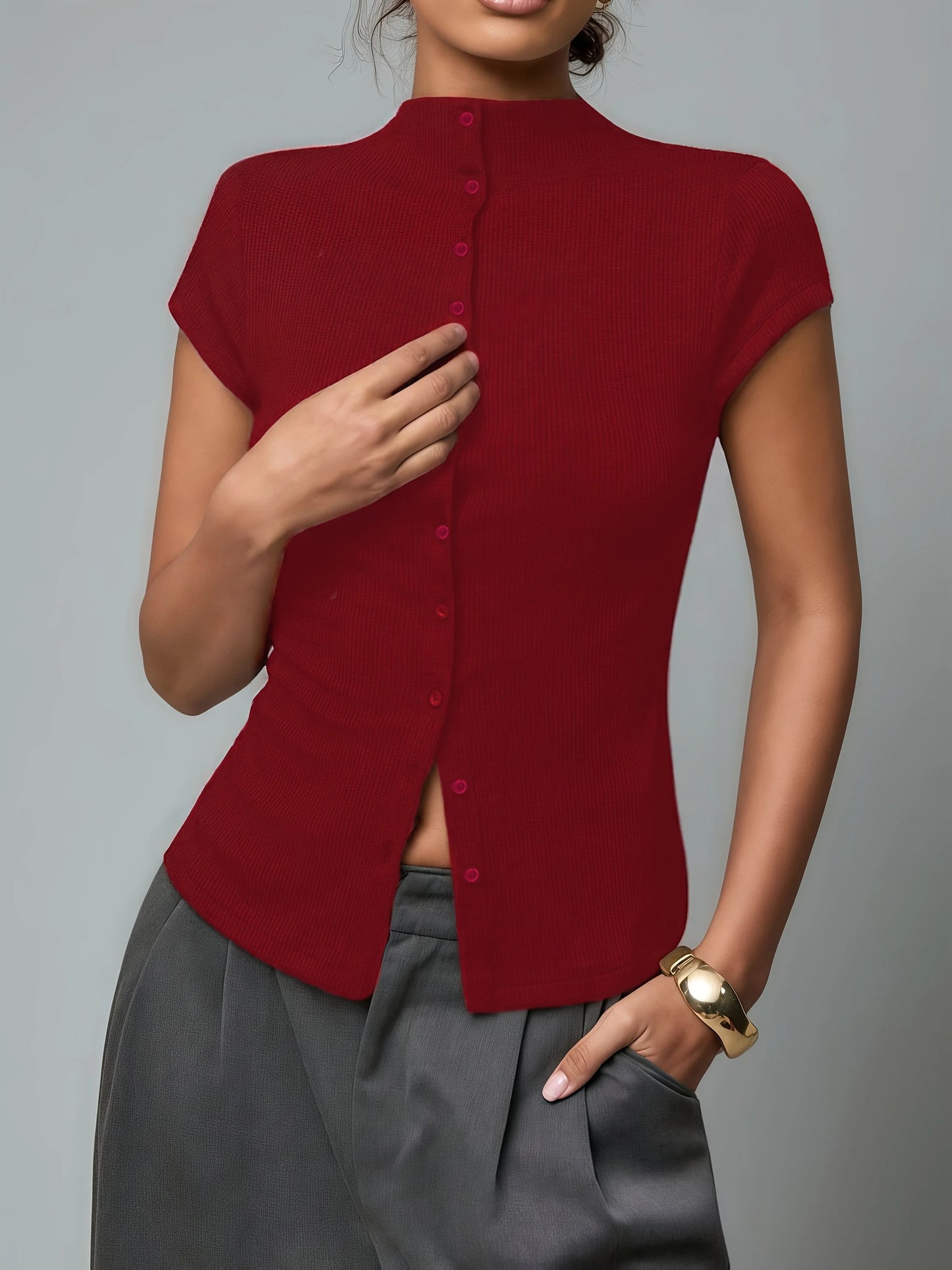 Women's fashionable knitted turtleneck top, slim and comfortable four-season short-sleeved cardigan, can be worn as a base layer