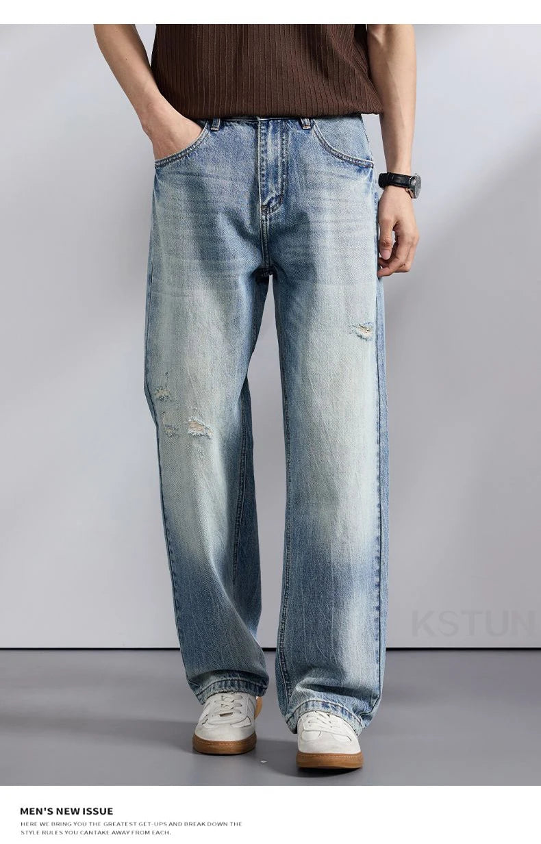 KSTUN 2026 Summer Wide Leg Jeans Men Baggy Pants Loose Fit Ripped Jeans Distressed Washed Vintage Frayed Light Blue Man Trousers