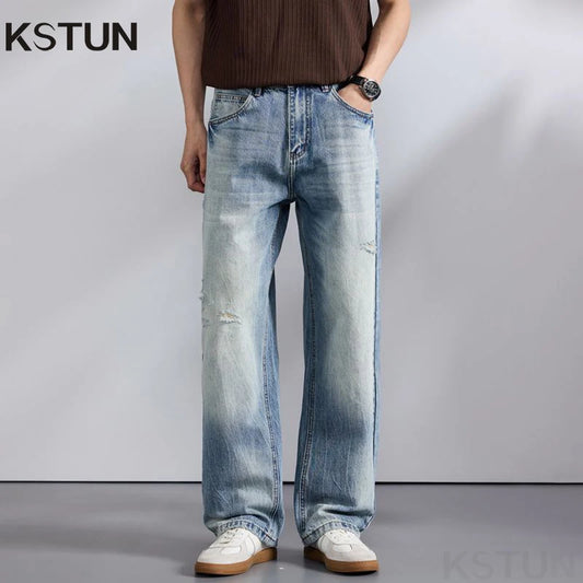 KSTUN 2026 Summer Wide Leg Jeans Men Baggy Pants Loose Fit Ripped Jeans Distressed Washed Vintage Frayed Light Blue Man Trousers