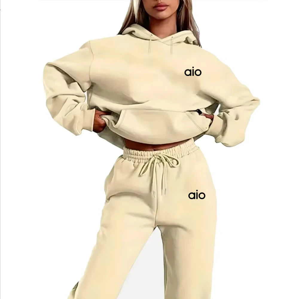 ai Printing High Quality Women Monochrome Hooded Hoodie Set Casual Two-Piece Set New Fashion Hot Selling