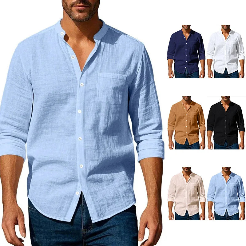 2026 Spring Summer New Mens Slim Fit Solid Color Long Sleeve Shirt Cotton Linen Casual Top Breathable ventilate absorb sweat