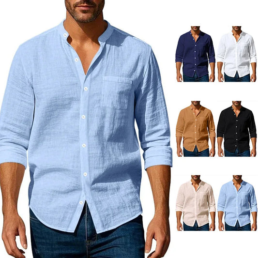 2026 Spring Summer New Mens Slim Fit Solid Color Long Sleeve Shirt Cotton Linen Casual Top Breathable ventilate absorb sweat