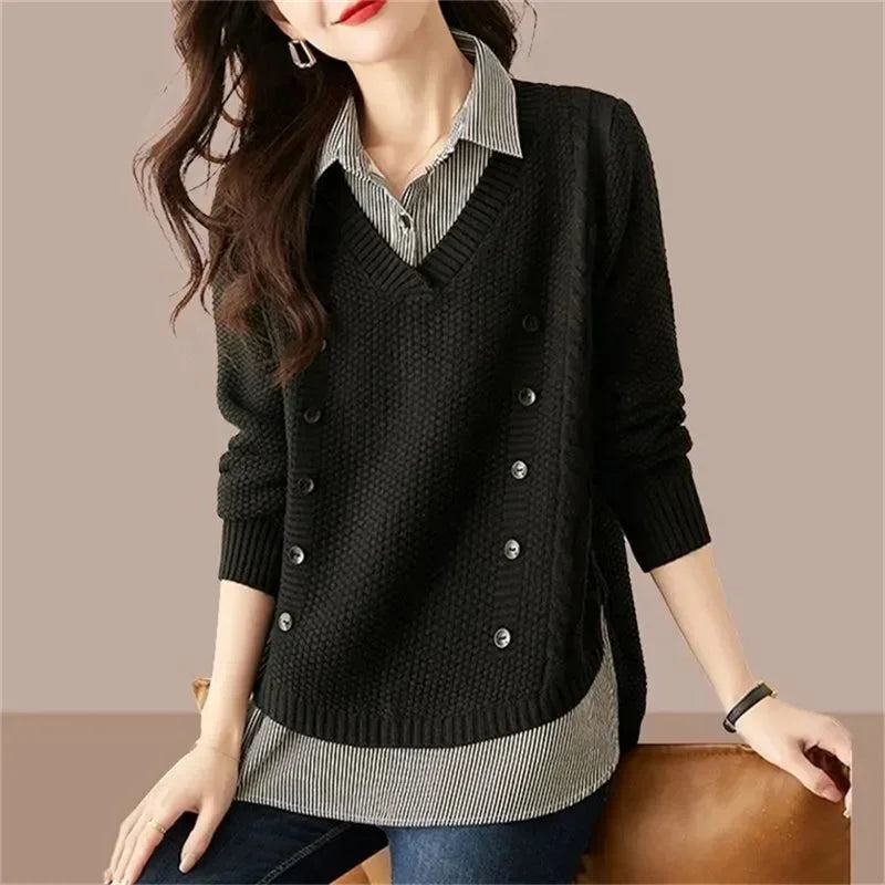 Fake Two Piece Top Knit Sweater Women's Splice Shirt Collar 2024 Spring Autumn New Korean Loose Long Sleeve Sweater Brown Shirt