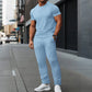 2026 Men's Spring Autumn Business Casual Textured 2 Piece Set Crew Neck T-Shirt & Drawstring Pants