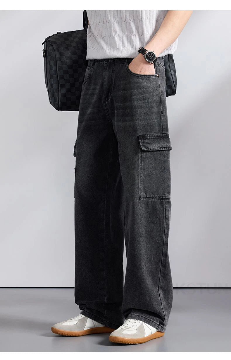 KSTUN 2026 Spring Men's Loose Straight Jeans Wide Leg Vintage Grey Cargo Pants Male Streetwear Trousers Multi-pockets Designer