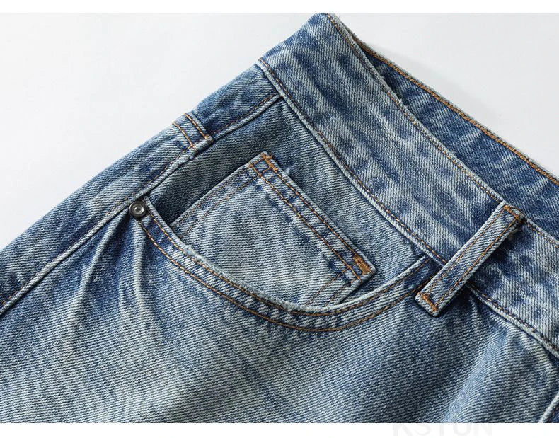 KSTUN 2026 Summer Wide Leg Jeans Men Baggy Pants Loose Fit Ripped Jeans Distressed Washed Vintage Frayed Light Blue Man Trousers