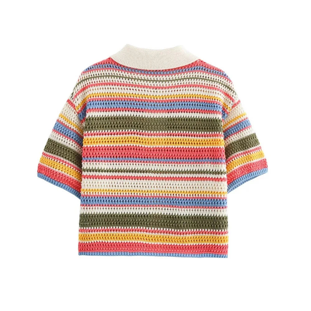 Women's Striped Crochet Knit Crop Sweater, Polo Collar, Short Sleeve, Button-up, Female Outerwear, Chic Tops, Fashion