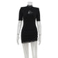 Lace Patchwork Hollow Out Bodycon Sheath High Collar Women Dresses Half Sleeves Outfits Sexy Club Fashion Female Mini Vestidos