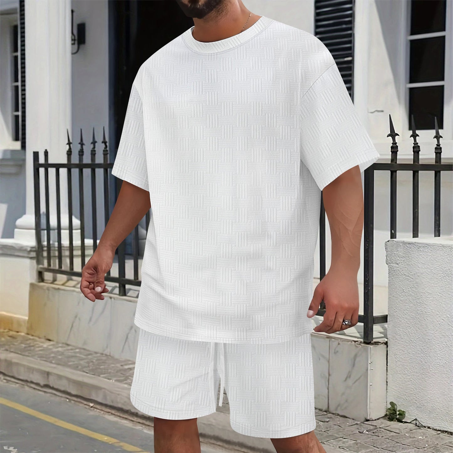 2026 Men's Summer Oversized Textured 2 Piece Set Crew Neck Short Sleeve T-Shirt & Drawstring Shorts Tracksuit