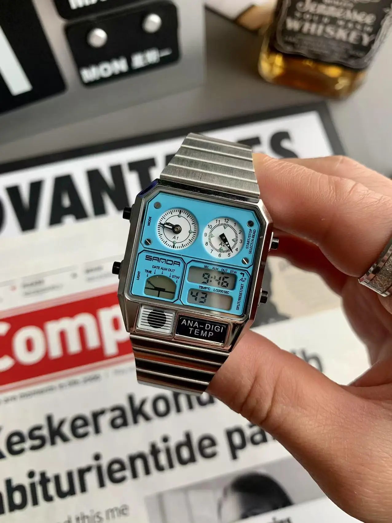 Retro Square Watches Men's Multifunctional Outdoor Sports Ultra-thin Steel Waterproof Alarm Clock Dual Display Electronic Watch